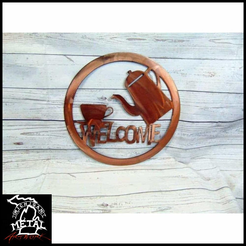 Coffee Carafe Welcome Metal Wall Art Sign 12 Round / Copper Bronze Signs