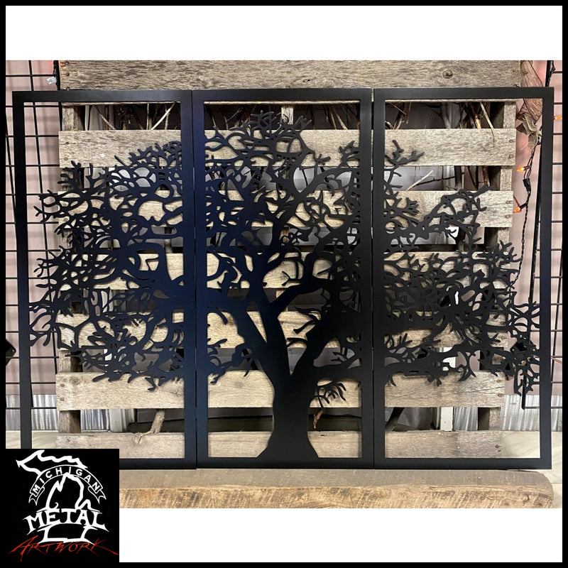 Tree Of Life 3 Panel Metal Wall Art Black Trees &amp; Leaves