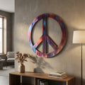 Stylized image of peace symbol metal wall art as a centerpiece in a modern home decor setting.