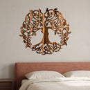 Celtic Tree of Life metal wall art in Copper Bronze with directional grinding marks above a terracotta upholstered bed.