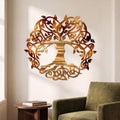 Celtic Tree of Life metal wall art in Gold Inferno with directional grinding marks above an olive-green reading chair.