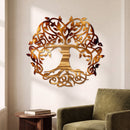 Celtic Tree of Life metal wall art in Gold Inferno with directional grinding marks above an olive-green reading chair.