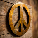 Detailed close-up of peace symbol wall art showcasing 16 gauge steel construction and intricate craftsmanship with textured surface and metallic sheen.