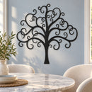 Curly Tree Of Life Metal Wall Art in Black finish, mounted on an indoor wall.