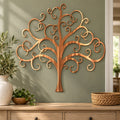 Curly Tree Of Life Metal Wall Art in Copper Bronze finish, mounted on an indoor wall.