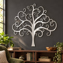Curly Tree Of Life Metal Wall Art in Polished Metal finish, mounted on an indoor wall.