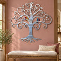 Curly Tree Of Life With Birds Metal Wall Art in Polished Metal / Colored Birds finish, mounted on an indoor wall.