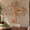 Curly Tree Of Life With Cardinals Metal Wall Art in Copper Bronze With Red Cardinals finish, mounted on an indoor wall.