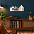 Detroit Skyline Metal Wall Art in Polished Metal, displayed in a Detroit-inspired interior.