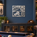 Detroit Sports Teams Metal Wall Art in Polished Metal, featuring four team logos and cutout lettering in an indoor sports lounge.
