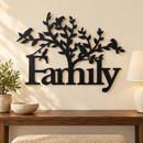 Family Tree With Birds metal wall art in Black finish displayed in a bright ivory entryway above a walnut console.