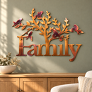 Family Tree With Birds metal wall art in Gold Inferno finish displayed in a sage living room above an oak console.