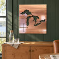 Great Lakes Metal Wall Art in Copper, featuring lake and compass cutouts in a coordinated indoor lakehouse setting.