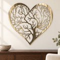 Heart Tree of Life metal wall art in Pewter finish above a dark oak sideboard on a warm white dining room wall.