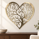 Heart Tree of Life metal wall art in Pewter finish above a dark oak sideboard on a warm white dining room wall.