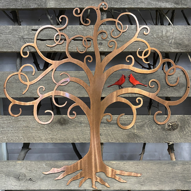 Curly Tree Of Life With Cardinals Metal Wall Art - Michigan Metal Artwork