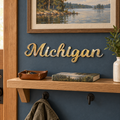 Michigan Metal Wall Art in Rustic, displayed at its actual small scale in a coordinated indoor setting.