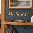 Michigan Metal Wall Art in Rustic, displayed at its actual small scale in a coordinated indoor setting.