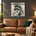 Michigan State Sparty On Logo Metal Wall Art in Airbrushed Green / White, displayed in a coordinated Michigan State fan room.