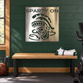 Michigan State Sparty On Logo Metal Wall Art in Polished Metal, displayed in a coordinated Michigan State fan room.