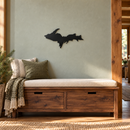 Michigan Upper Peninsula Metal Wall Art in Black, without HOME lettering, displayed in a Northwoods-inspired interior.