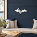 Michigan Upper Peninsula Metal Wall Art in Polished Metal, without HOME lettering, displayed in a Northwoods-inspired interior.