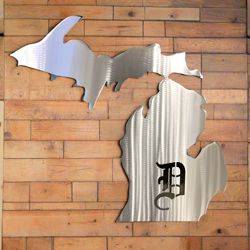 Old English D State Of Michigan Metal Wall Art - Michigan Metal Artwork