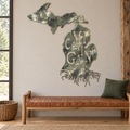 Thankful For My Michigan Roots metal wall art in camouflage, displayed in a Michigan home interior.