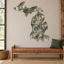 Thankful For My Michigan Roots metal wall art in camouflage, displayed in a Michigan home interior.