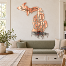 Thankful For My Michigan Roots metal wall art in copper torched roots, displayed in a Michigan home interior.