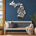 Thankful For My Michigan Roots metal wall art in polished metal torched roots, displayed in a Michigan home interior.