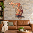 Thankful For Our Michigan Roots metal wall art in copper bronze torched roots, displayed in a Michigan home interior.