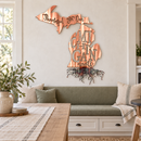 Thankful For Our Michigan Roots metal wall art in copper torched roots, displayed in a Michigan home interior.