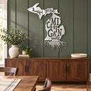 Thankful For Our Michigan Roots metal wall art in polished metal, displayed in a Michigan home interior.