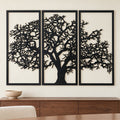 Tree of Life 3 Panel metal wall art in matte black above a walnut sideboard on an ivory dining room wall.