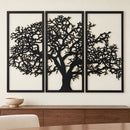 Tree of Life 3 Panel metal wall art in matte black above a walnut sideboard on an ivory dining room wall.