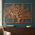Tree of Life 3 Panel metal wall art in Copper Bronze above a dark oak cabinet on a deep teal library wall.