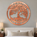 Tree of Life Monogram metal wall art in bright copper above an ivory upholstered bed on a warm grey wall.