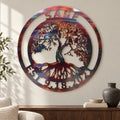 Tree of Life Monogram metal wall art in multicolor Inferno finish above a walnut console in a neutral living room.