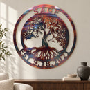 Tree of Life Monogram metal wall art in multicolor Inferno finish above a walnut console in a neutral living room.