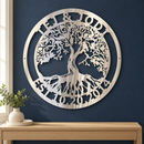 Tree of Life Monogram metal wall art in polished silver metal above a pale oak console on a navy entryway wall.