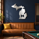 U Of M State Of Michigan Metal Wall Art in Polished Metal, displayed in a coordinated indoor college sports fan room.