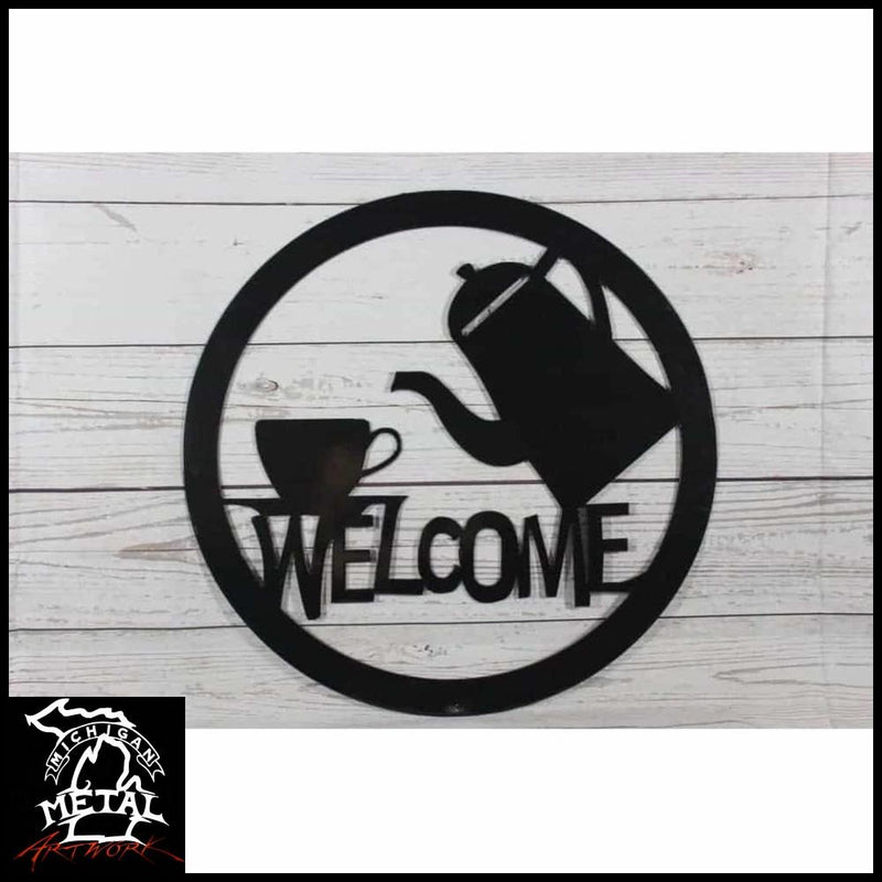 Coffee Carafe Welcome Metal Wall Art Sign 12 Round / Matte Black Signs