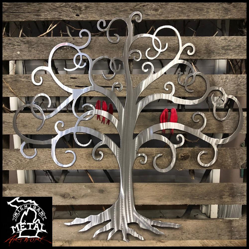 Curly Tree Of Life With Birds Metal Wall Art 24 X / Polished Red Trees &amp; Leaves