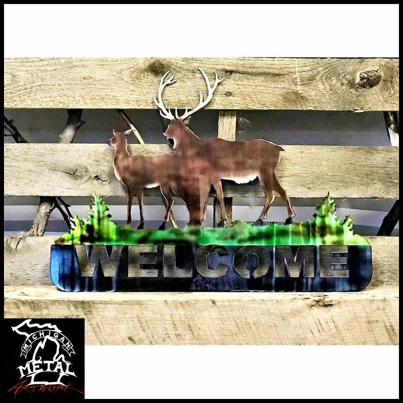 Deer Welcome Sign Metal Wall Art Airbrushed Hunting