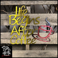Life Begins After Coffee Metal Wall Art Gold / Red Signs
