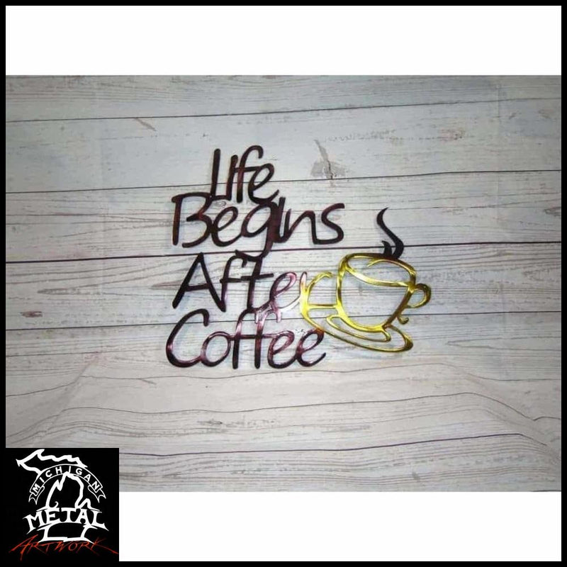 Life Begins After Coffee Metal Wall Art Mocha Brown / Gold Signs