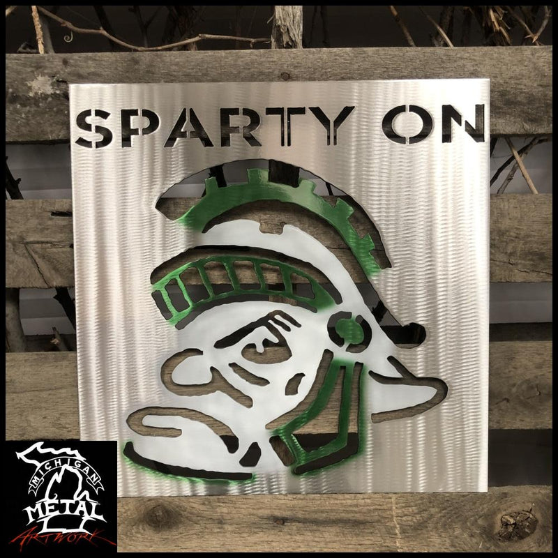 Michigan State Sparty On Logo Metal Wall Art 12 X - / Airbrushed Green White Themed