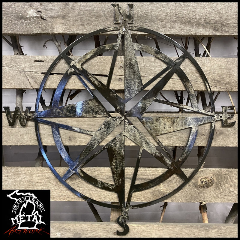 Weathered Silver Finish Metal Nautical Compass Rose Wall Décor Hanging -  Large 26 Inch Diameter Maritime Art Piece for Timeless Coastal Charm - Easy  To Hang